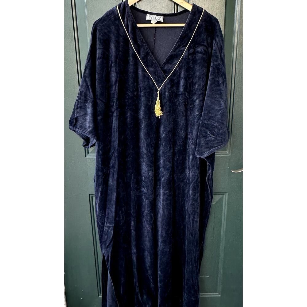 Vintage Retro Navy Velour Mrs Roper Caftan w/ Gold Piping & Tassel Winter, OS